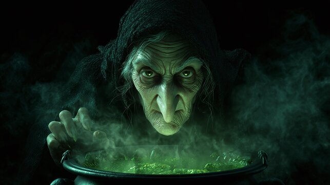 sinister witch with glowing eyes stands right above a cauldron with a green bubbling potion from which smoke comes out on a dark background