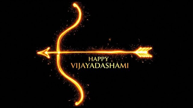 Celebrate Happy Vijayadashami with a glowing bow and arrow animation on a black background perfect for festive greetings and holiday promotions