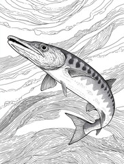 Detailed black and white illustration of a barracuda swimming in stylized water currents
