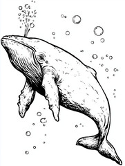 Black and white illustration of a whale swimming underwater with bubbles rising
