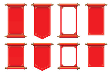 Eight red scroll banners with golden details and various shapes in a horizontal composition. These banners evoke traditional announcements and festive events. Isolated on white.