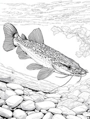 Black and white line art of a catfish swimming underwater among rocks and driftwood
