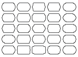 A collection of twenty-five decorative frames arranged in a grid pattern. Each frame features different shapes, reminiscent of vintage designs and label styles. Black outlines on a white background.