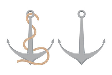 Against a bright white background, two silver anchors are displayed. One anchor is simply shown, while the other is elegantly wrapped with a natural rope, knotting around it.