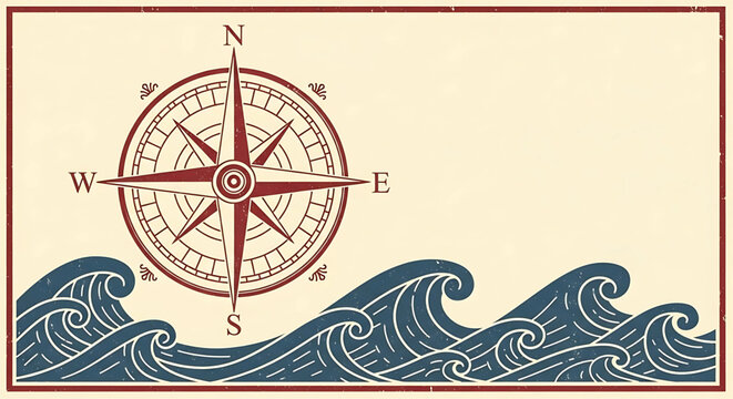 Vintage nautical map with stylized compass rose over stylized wave patterns, evoking themes of exploration, adventure, and maritime history with a touch of artistic elegance