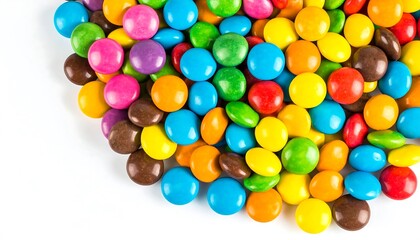 Obraz premium A vibrant display of colorful round candies, piled high in a corner, against a plain white background.