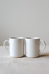 Fototapeta premium White ceramic mugs resting side by side on light fabric, creating minimalist composition suggesting quiet companionship and peaceful morning stillness