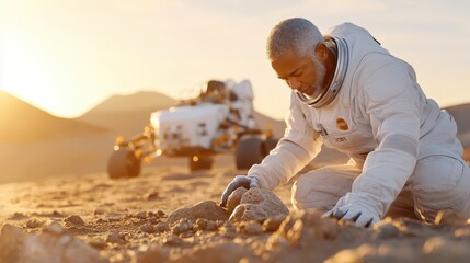 Astronaut on mars exploring the planet, examining rocks with rover in background.