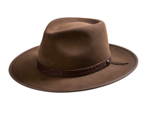 Brown fedora hat with braided band isolated on a transparent background
