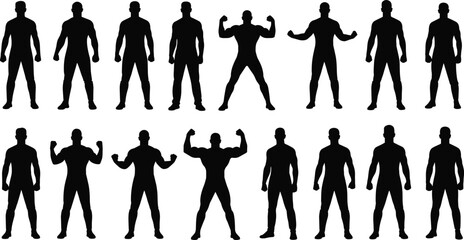 Bodybuilder silhouette collection, muscular man poses, fitness and gym vector illustration, strong male figure, isolated black figure design