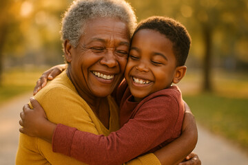 Obraz premium A heartwarming photograph of an African American grandmother hugging her young grandchild in the glow of warm sunlight.