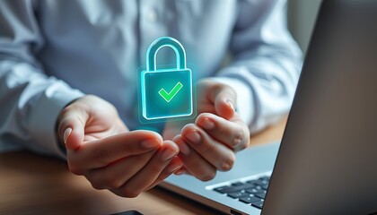 Person holding bright blue digital padlock with checkmark symbol over laptop cybersecurity data protection