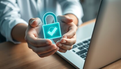 Person holding illuminated blue padlock with checkmark symbol over laptop cybersecurity data protection
