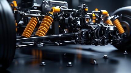 Close-up view of a vehicle's intricate chassis and suspension system, showcasing mechanical components and yellow shock absorbers.