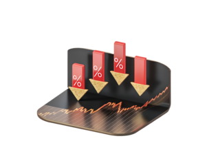 Financial Market Decline 3D Render of Percentage Arrows Pointing Downward on a Graph Against Black Backdrop