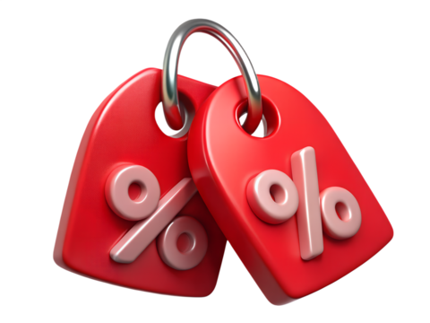 Two Red Percentage Tag Icons Linked Together Representing Discount and Sale on Black Background for Marketing