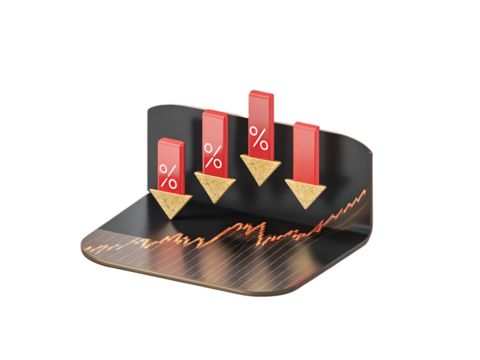 Financial Market Decline 3D Render of Percentage Arrows Pointing Downward on a Graph Against Black Backdrop