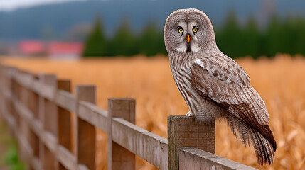 Majestic owl perched on wooden fence overlooking golden field, stunning wildlife scene