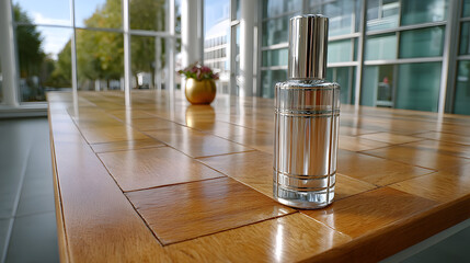 Elegant perfume bottle displayed on a polished wooden table in a modern, sunlit space