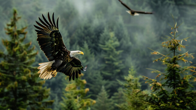 Two bald eagles soar above the misty forest, a symbol of freedom and the wild, embodying the spirit of the pacific northwest