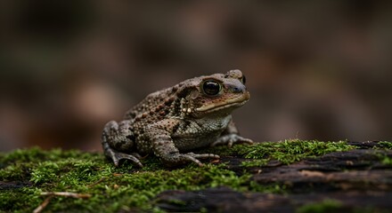 Fototapeta premium Eastern American toad sits on mossy log in natural woodland environment