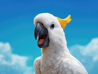 Colorful parrot with vibrant yellow crest and expressive eyes perched against a bright blue sky, showcasing its lively personality and natural beauty in a tropical setting