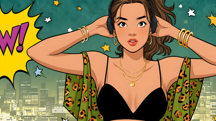 Stylish woman enjoying music with headphones in vibrant pop art style, city backdrop