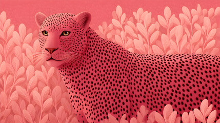 Stunning pink leopard amidst lush foliage, a vibrant and captivating illustration for creative projects