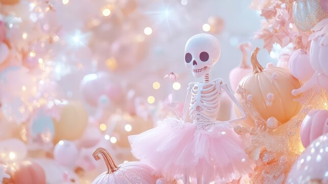 A cute skeleton ballerina surrounded by pastel pumpkins and sparkling lights. - Powered by Adobe
