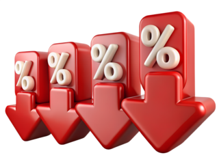 Declining Interest Rates A 3D Rendered Illustration of Red Percentage Symbols with Downward Arrows on Black Background