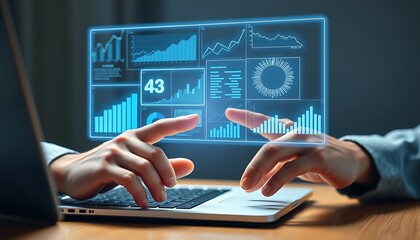Hands interacting with holographic digital data charts and graphs on a laptop screen analytics
