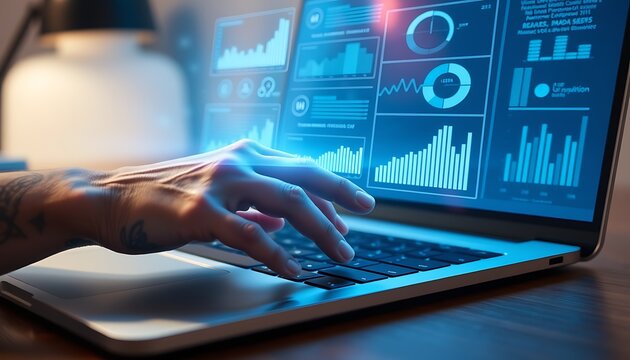 Close-up of a hand with tattoos interacting with a laptop displaying digital data analytics charts graphs
