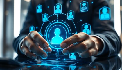 Person in suit with glowing digital network of user icons and connections business people
