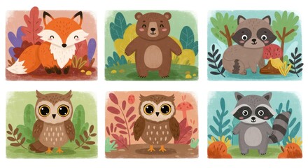 Obraz premium Cute woodland animals illustration set fox bear owl and raccoon