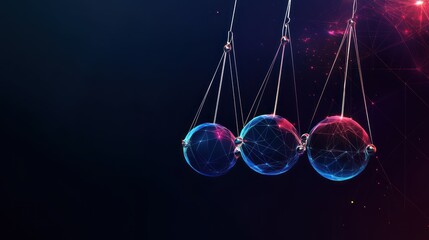 Newton's cradle of interconnected glowing spheres, suspended and swinging against a cosmic backdrop.