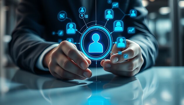 Businessman holding digital network of people icons with central user profile connection
