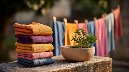 Soft colorful towels stacked with plant and laundry drying on clothesline, home decor