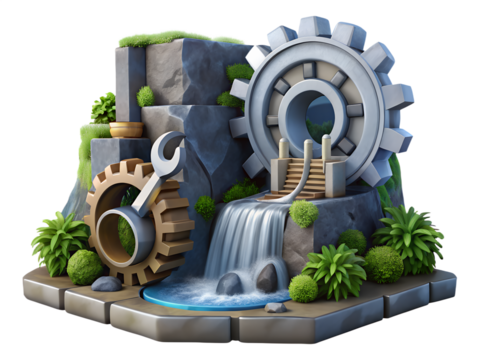 Stylized Industrial Waterfall Landscape with Gears and Wrench in a Fantasy Environment for Game Design