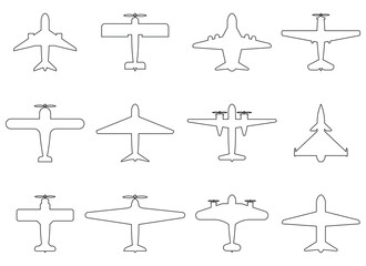 A variety of aircraft shapes are drawn as outlines against a white backdrop, capturing the essence of air travel and aviation. The assortment provides an illustration for learning.
