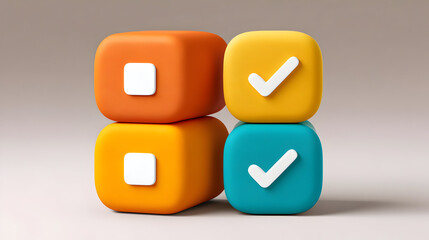Colorful 3D cubes with check marks symbolize success, approval, and task completion