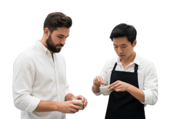 Focused Coffee Tasting Session Two Men Examining Coffee in a Bright Studio Setting A Close-Up of Baristas Evaluating Coffee Quality, Set Against a Transparent Background