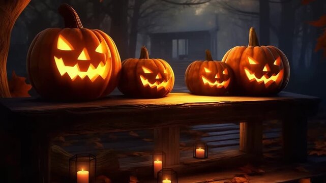 Front door stairs with scary pumpkins on spooky halloween night.Zoom out video.AI Generative