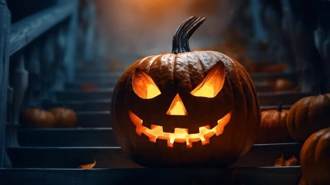 Halloween scary pumpkin with devil smile on dark stairs on spooky night.Macro.AI Generative