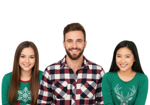Cheerful Friends in Festive Attire Against a Neutral Backdrop A Group Portrait of Smiling Young Adults Wearing Holiday-Themed Clothing, Posing in Front of a Checkered Background