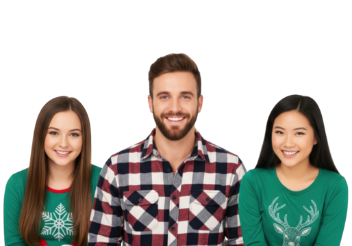 Cheerful Friends in Festive Attire Against a Neutral Backdrop A Group Portrait of Smiling Young Adults Wearing Holiday-Themed Clothing, Posing in Front of a Checkered Background