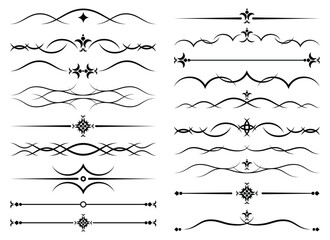 This black and white vector image contains decorative line elements, including ornamental dividers, flourishes, borders, and accents in a simple, elegant style for design.