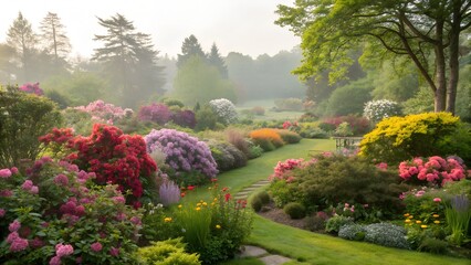 Obraz premium Garden of Blooms: A serene garden path winds through a vibrant display of colorful flowers in full bloom, with lush trees providing shade. creating an atmosphere of tranquility, natural beauty.