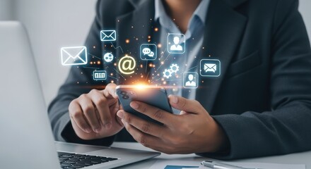 Person using smartphone with digital communication icons floating around, representing online connectivity and messaging