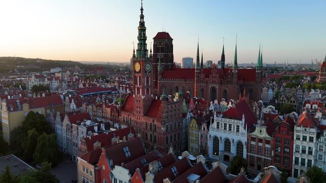 Architecture of old town in Gdansk with Main City Hall on Dluga street, Pomeranian Voivodeship, Poland. 