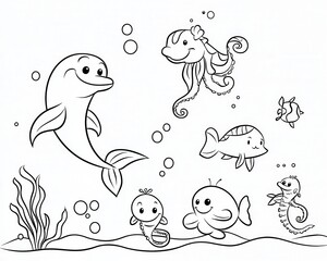 Obraz premium Friendly underwater animals coloring book illustration, showing a happy dolphin, a curious turtle, a smiling octopus, and tiny seahorses swimming in the ocean, 
